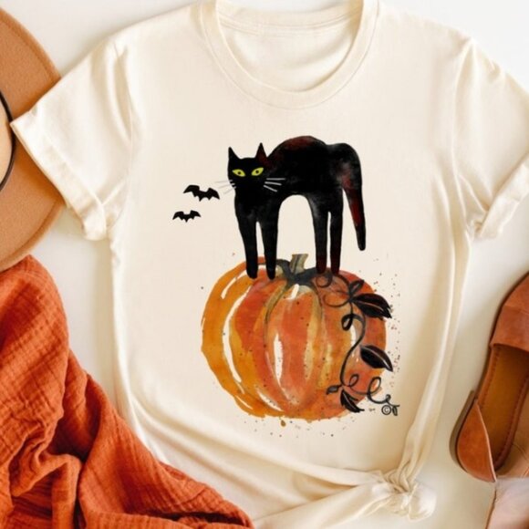 Tops - Cat on Pumpkin, Pumpkin Shirt, Cat shirt, Cat Lover Tee
